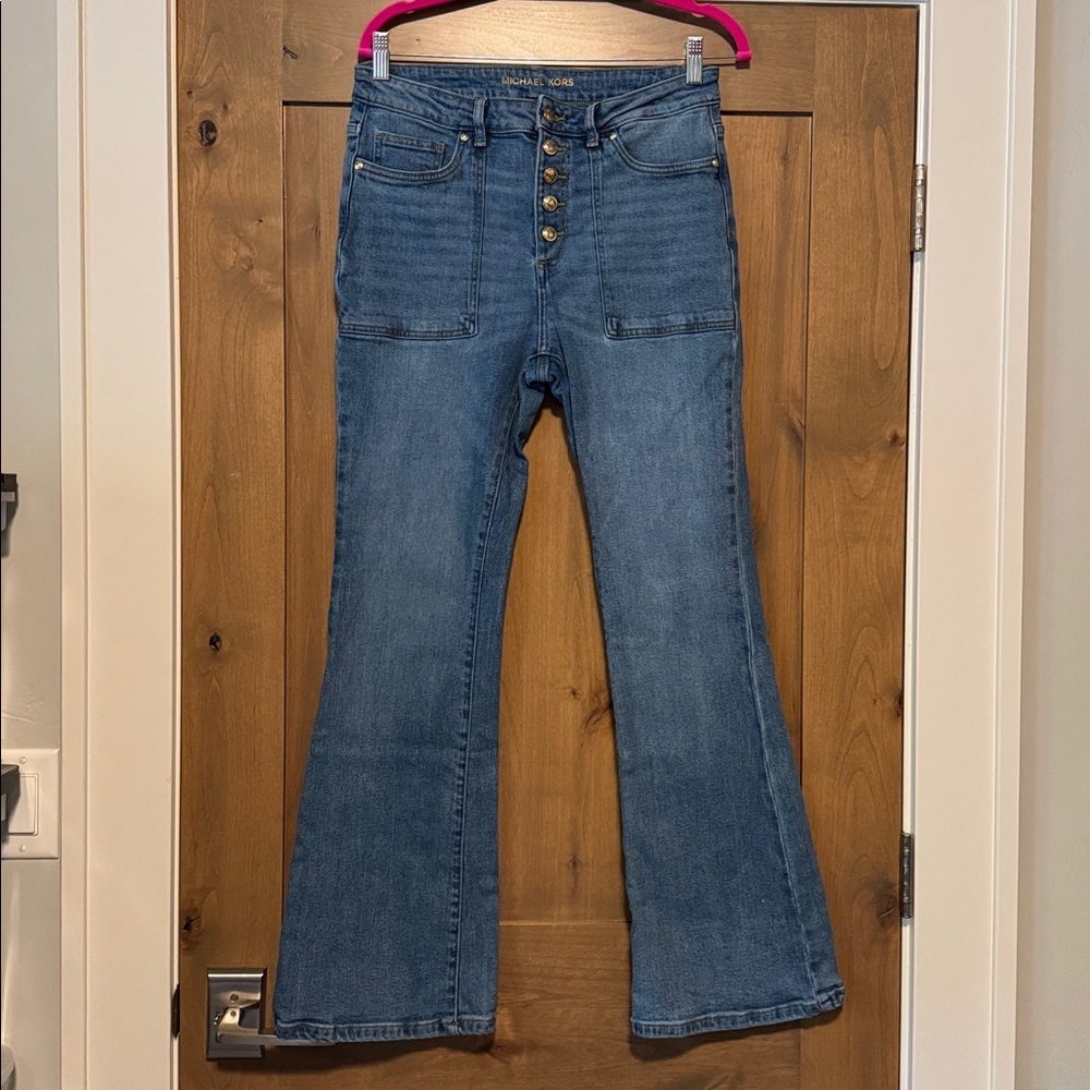 Michael Kors Selma flare jeans Gold button fly high rise denim womens 8 Stretch
